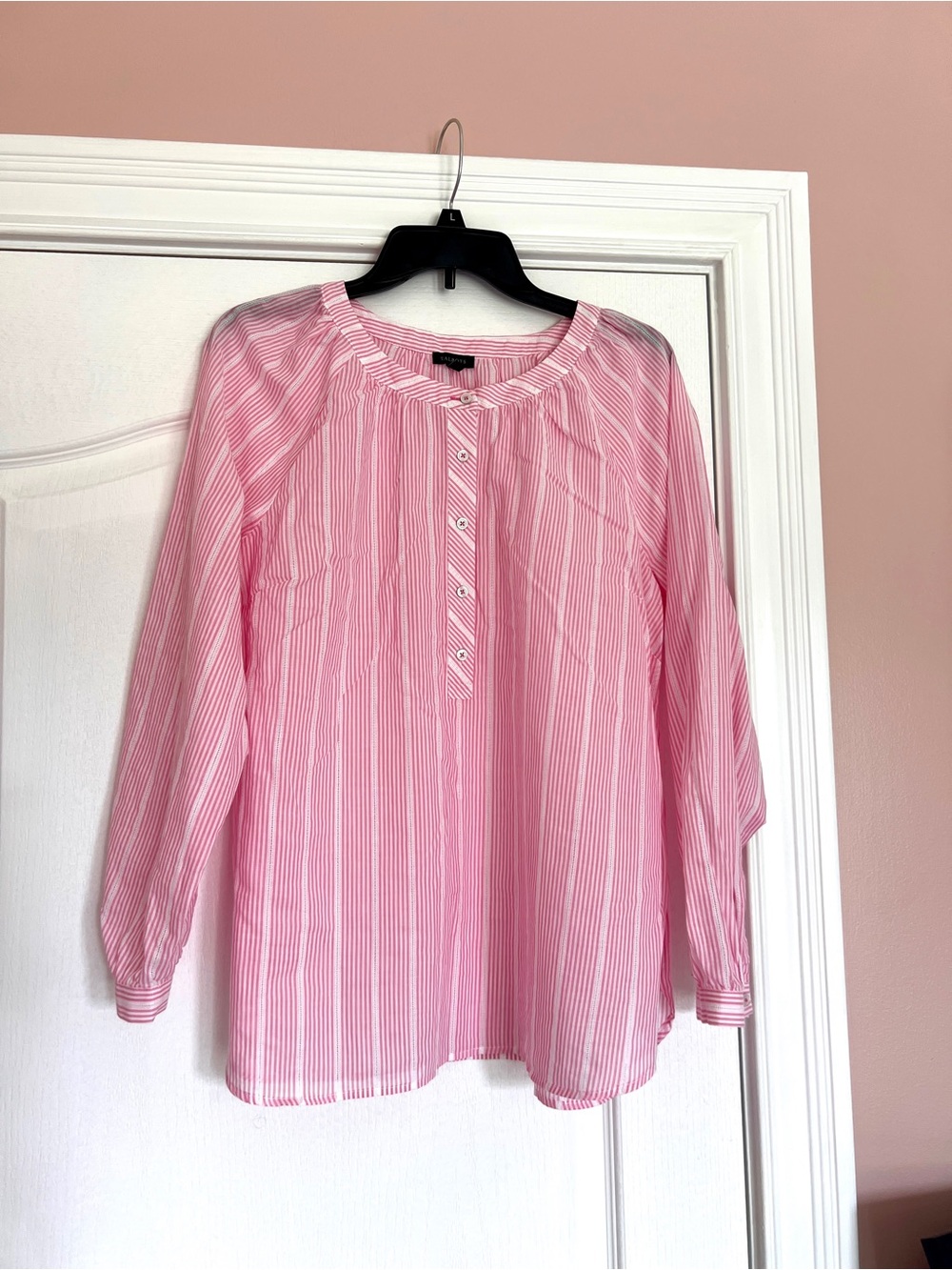 Talbots Pink and White Striped Henley Blouse